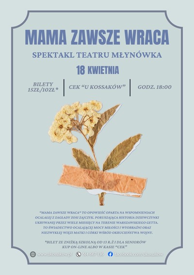 Plakat wydarzenia:  Spektakl Teatr Młynówka - Mama zawsze wraca 